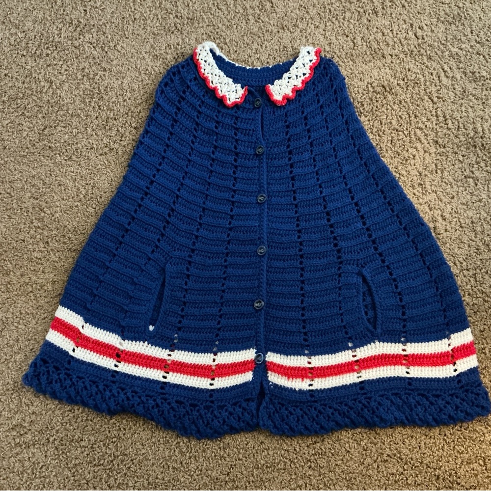 Vintage 1970’s Crochet Blue, Red, White Ponch with Buttons, Peter Pan Collar, OS